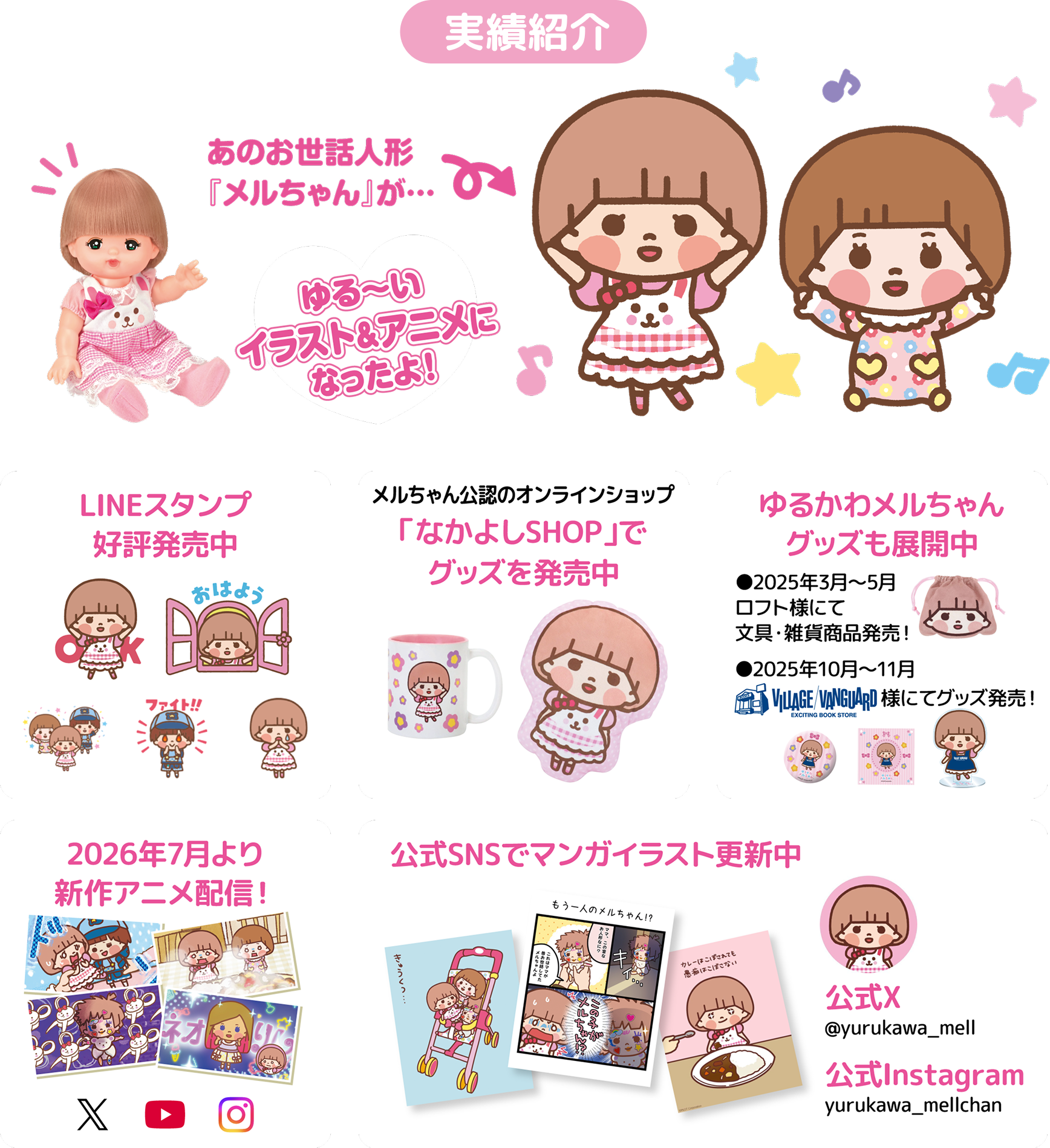 実績紹介（LINEスタンプ、「なかよしSHOP」でグッズ発売、公式SNSでの漫画イラスト など）